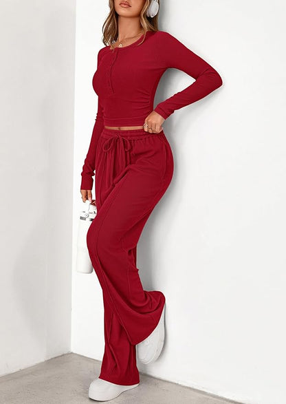 PRETTYGARDEN Women's 2026 Fall Trendy 2 Piece Outfits Lounge Sets Long Sleeve Top Henley Shirts Wide Leg Pants Travel Clothes