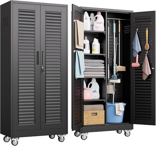 SUXXAN Broom Closet with Wheels 71"x 31.5"x15.75", Metal Cleaning Cabinets with