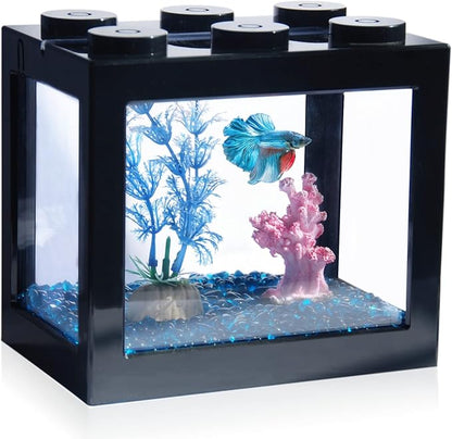 Small Betta Fish Tank, Stackable Mini Fish Tank Aquarium Tank Kit, 3/5 Gallon Rectangular Fish Bowl with Aquarium Gravel Decoration, Tiny Cube Tank for Seaweed Balls Sea Monkeys