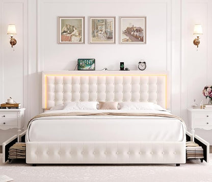 HIFIT Upholstered LED Bed Frame Queen Size with Charging Station and 4 Storage Drawers, Velvet Button Tufted Queen Platform Bed with Adjustable Headboard, No Box Spring Needed, Easy Assembly, Beige