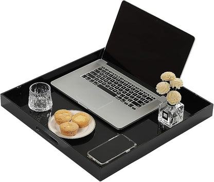 Glossy Black Sturdy Acrylic Serving Tray with Handles-24x24Inch-Serving Coffee,Appetizer,Breakfast,Butler-Kitchen Countertop Tray-Makeup Drawer Organizer-Vanity Table,Ottoman Tray-Decorative