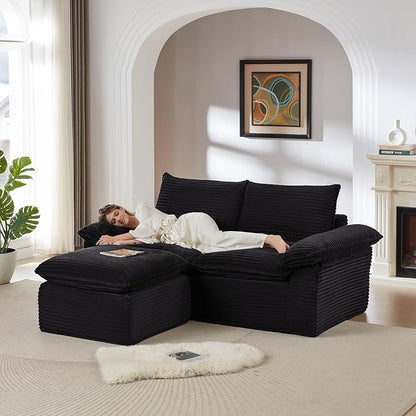 80" Cloud Sectional Couch with L-Shaped Chaise, Corduroy Sectional Sofa with Ottoman, Boneless Couch with Deep Seat in a Box for Living Room, No Assembly Required (Black)