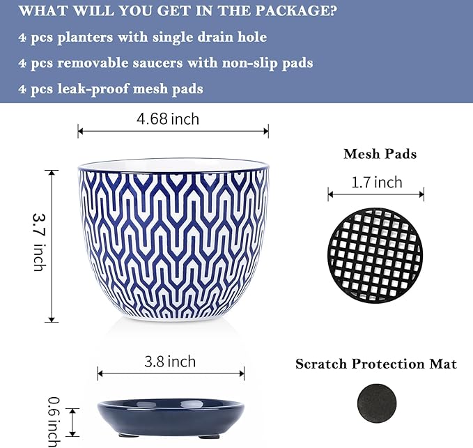 Selamica Ceramic Plant Pots, 4.6 Inch Flower Pots for Indoor Plants, Succulent Pots with Drainage Hole & Saucer, Succulent Planters for Succulent Cactus, Home Decor, Set of 4, Vintage Blue