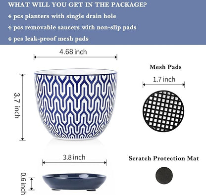 Selamica Ceramic Plant Pots, 4.6 Inch Flower Pots for Indoor Plants, Succulent Pots with Drainage Hole & Saucer, Succulent Planters for Succulent Cactus, Home Decor, Set of 4, Vintage Blue
