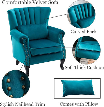 DM Furniture Velvet Accent Chairs Set of 2 with Arm Comfy Living Room Chair Mid-Century Modern Wingback Side Chair Single Sofa Couch for Bedroom Guest Room, Teal Blue