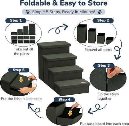 4-Step Wide Dog Stairs with Storage 23" H, Non-Slip Sturdy Pet Steps for High Bed Couch Window, Pet Stairs for Small/Medium/Large Old Dogs Cats Up to 220lbs, Cat Dog Steps for Car, Grey Green