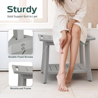 Waterproof Shower Benches for Inside Shower, Poly Lumber Shower Stool with Storage Shelf & Adjustable Feet, SPA Bathroom Seat Chair for Shaving Legs, Indoor or Outdoor Use, Grey