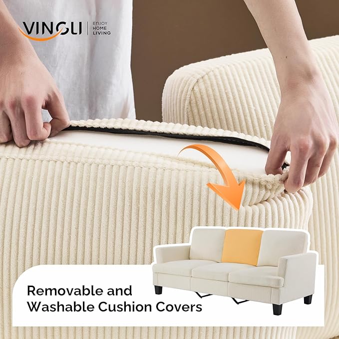 VINGLI Beige 83" Sofa Couches for Living Room, Corduroy Modern Comfy 3 Seater Couch 25.6" Deep Seat Upholstery Cozy Sofas for Small Space, Bedroom, Apartment, Home Office