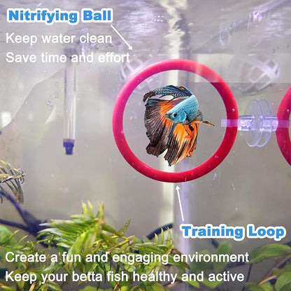 Betta Fish Toys - 4 Training Rings & 2 Bio Filter Balls, Beta Exercise Loop Toys and Nitrifying Balls Set, Betta Fish Tank Accessories Feeding Ring for Small Tank Decor Aquarium Water Conditioner