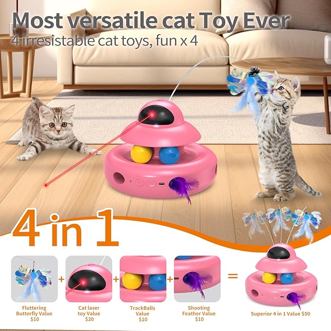 Automatic Cat Toys,4-in-1 InteractiveCat Toys for Bored Indoor Adult Cats, Electric Flying Butterfly,Rechargeable Moving Ambush Feather,Pink Kitter Toy Track Balls