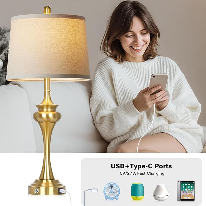 30" Gold Tall Table Lamps for Living Room, Touch Control Modern Bedroom Table Lamp with USB A+C Ports, 3-Way Bedside Lamps Set of 2, Elegant Metal Lamp for Night Stand Desk Side Table Office