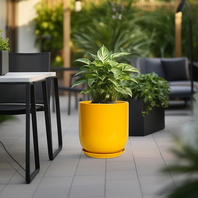 12 Inch Pots for Plants - Ceramic Planter for Outdoor Plants Large Plant Pot Indoor with Drainage Hole Modern Flower Pot for Home Patio Office Decor Yellow