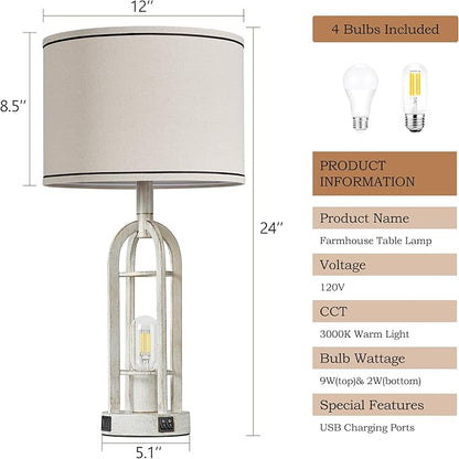Farmhouse Table Lamps for Living Room Set of 2 - Rustic Industrial Lamps for Night Stands with Night Light & USB A+C, 24" Vintage Bedside Lamp for Bedroom, Bulbs Included