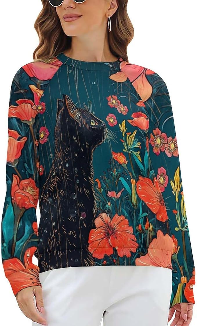 Long Sleeve Shirts for Women Cat Oil Painting Shirt 3D Graphic Sweatshirts Fall Pullover Crewneck Vintage Boho Tops