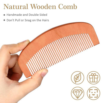 10 Sets Natural Boar Bristle Brush, Pear Wood Dual Sided Wide Tooth Comb with Travel Pouch - Beard Grooming Kit for Men's Beard Care, Valentine Gift (Long Handle)