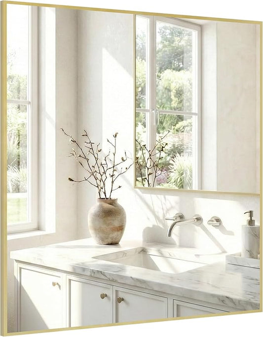 30"x30" Gold Square Mirror for Wall, Metal Framed Bathroom Vanity Mirror