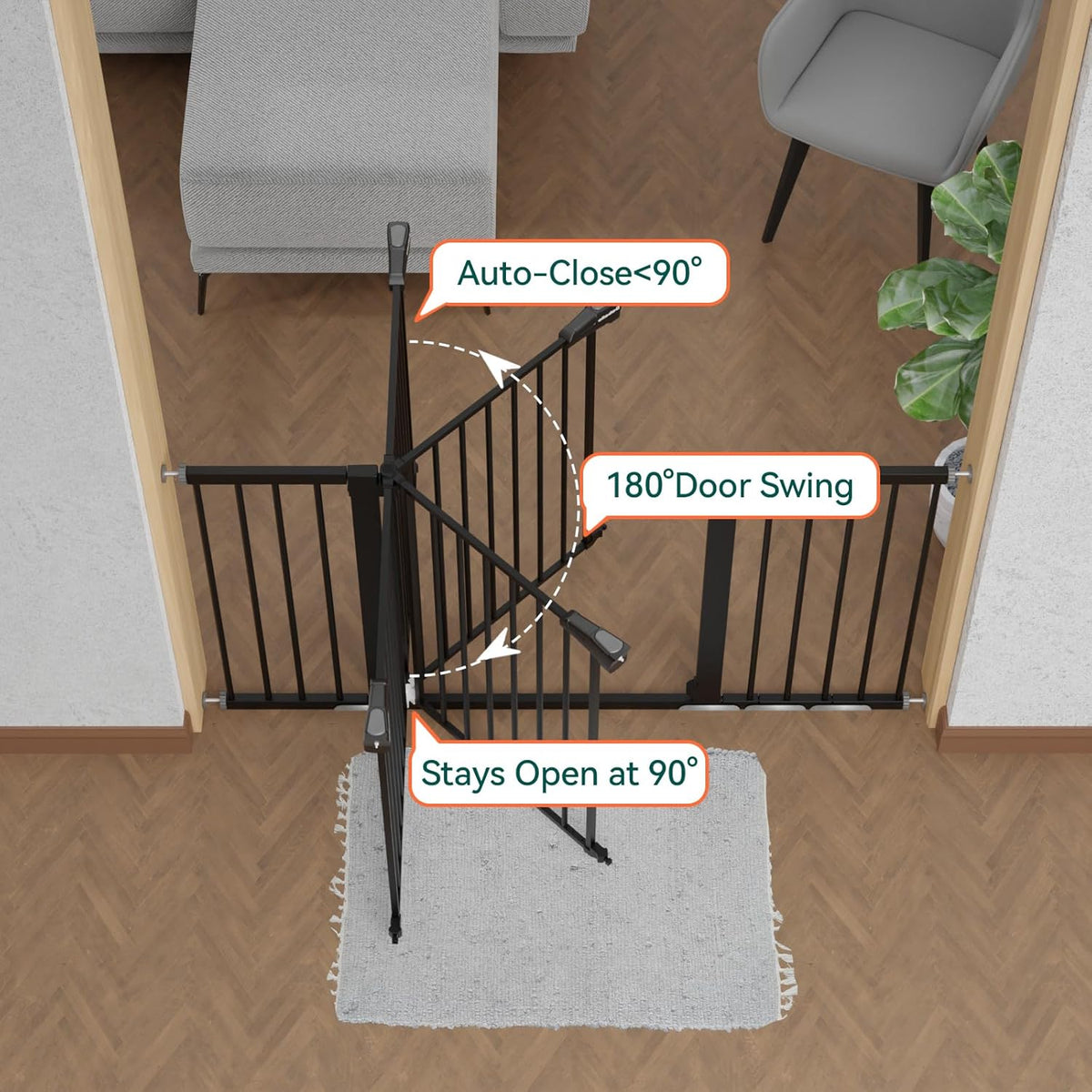 BABELIO 36" Tall Baby Gate, 29-55" Auto Close Pressure Mounted Dog Gate for Doorways & Hallway, Pressguard Basics Easy Walk Thru Pet Gate, Extra Wide Metal Child Gate, Black