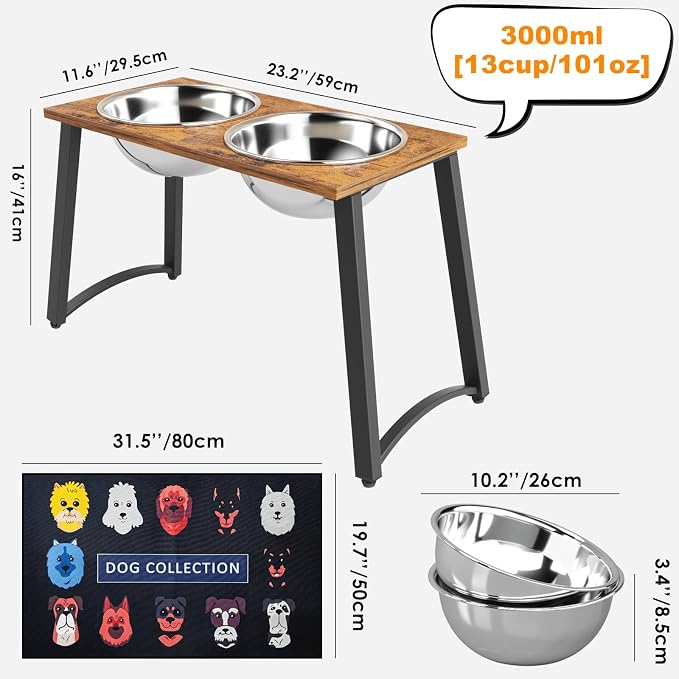 Elevated Dog Bowls for Large Dogs with Slow Feeder & Mat, 101oz Bowls, Tall Raised Dog Bowl Stand