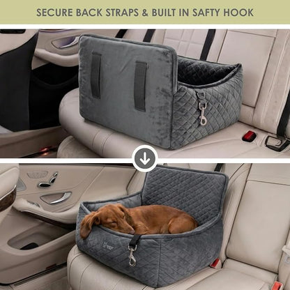 NANDOG Luxury Dog Car Seat Bed for Small Dogs, Micro Plush Pet Seat with Removable & Washable Cushion Insert, Thick Safety Seatbelt Straps, Secure Travel Carrier, Dark Grey, 20" L x 16" W