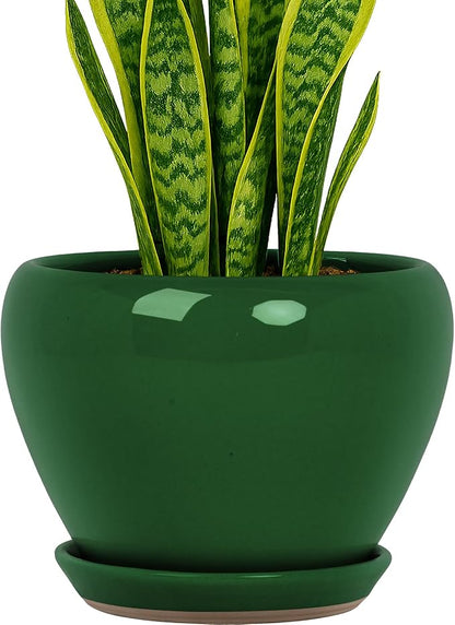 Deep Dream 8 Inch Plant Pots- Ceramic Pots for Plants with Drainage Hole and Saucer, Large Planter Pot for Indoor Plants Outdoor Decor, Green