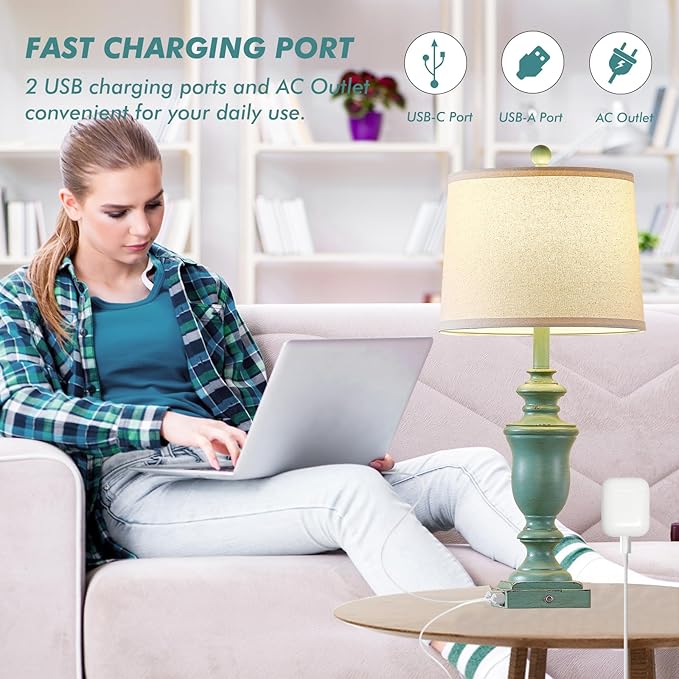 27.5" Set of 2 Farmhouse Table Lamps for Bedroom, 3 Way Dimmable Bedside Lamp with 2 USB +AC Outlet Nightstand Lamps for Living Room Resin Rustic Touch Lamps (Antique Green)
