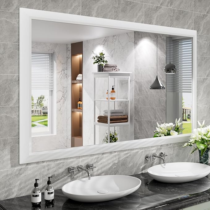 Amorho Bathroom Mirror, 60X36 Inch White Thick Metal Framed Wall Mirrors