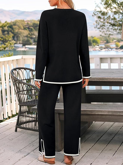LILLUSORY Women Fall 2 Piece Lounge Set Outfits Sweatsuits Long Sleeve Sweater Tops Wide Leg Pants