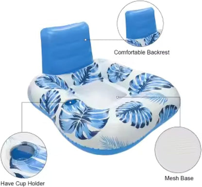 Pool Zing Square Inflatable Pool Lounger with Backrest (Two Pack), Tropical Palm Leaf Float for Adults, Relaxing Pool Raft with Cooling Mesh Seat
