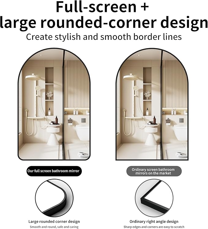 26x38 inch Black Tempered Glass Large Arched Mirror