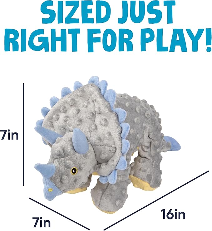 goDog Dinos Frills Squeaky Plush Dog Toy with Chew Guard Technology, Durable Fabric & Squeaker for Active Play, Gray, Large