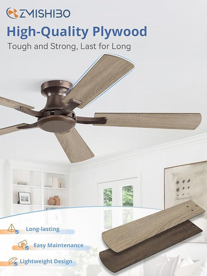 ZMISHIBO 52 Inch Ceiling Fan No Light, Flush Mount Low Profile, Farmhouse Brown