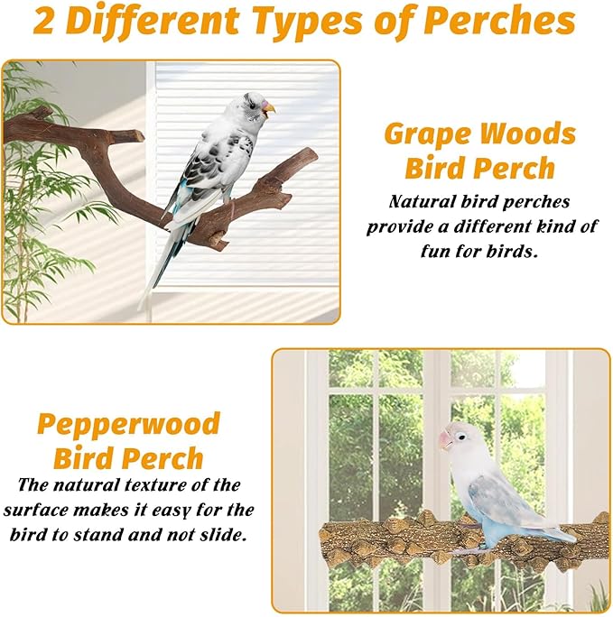 kathson 5pcs Natural Parrot Perch for Cage Wooden Bird Perches Grape Bird Stick Parakeet Climbing Standing Branches Toy Chewable Cage Accessories for Small Budgies Cockatiels Lovebirds Budgies