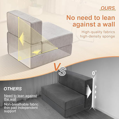 Folding Sofa Bed,Convertible Fold Out Couch,Portable Foldable Floor Mattress Sleeper Chair with Pillow,Adjustable Backrest Support,Lazy Sofa for Living Room,Single,Light Grey