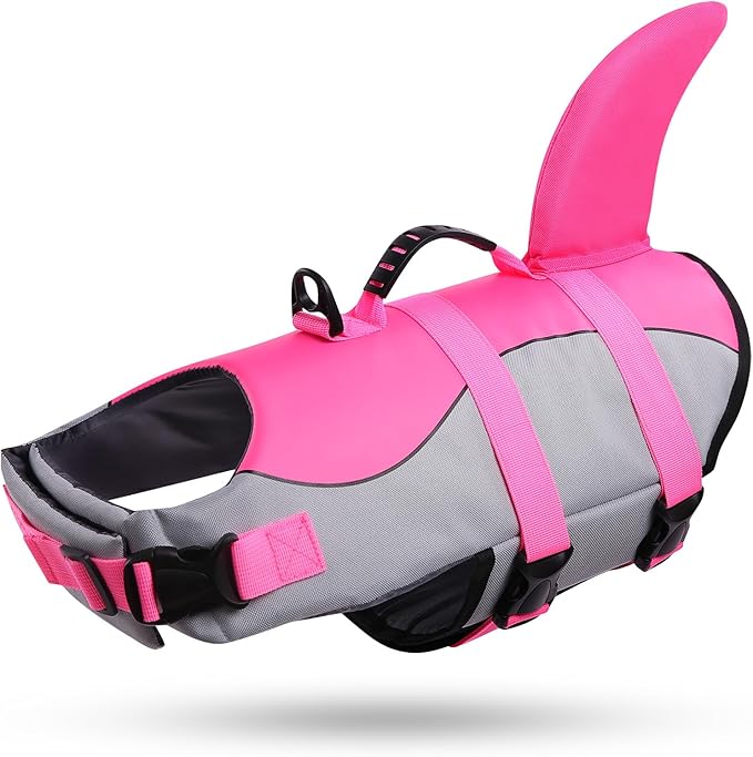 Dog Life Jacket Ripstop Shark Dog Safety Vest Adjustable Preserver with High Buoyancy and Durable Rescue Handle for Small,Medium,Large Dogs, Pink Shark Medium