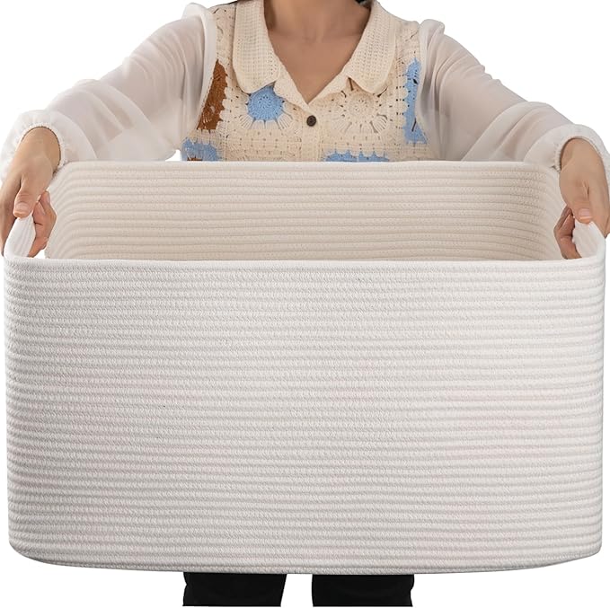OIAHOMY 75L Large Blanket Basket, Woven Cotton Rope Baskets for Organizing, 22”x17”x12”, Blanket Basket living Room, Bedroom, Nursery, Dog Toy Storage Bins, White