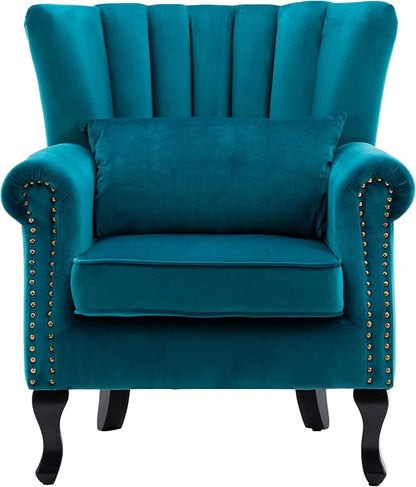 DM Furniture Mid Century Accent Chair Modern Tufted Wingback Armchairs Club Chair Velvet Single Sofa Lounge Chair with Pillow for Living Room, Teal Blue