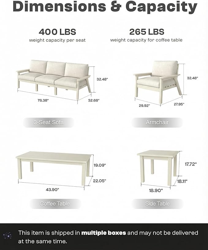 Patio Kingdom Patio Furniture Set 3 Seats, HDPE Outdoor Sectional with Washable Beige Thick Cushions, Coffee Table & Side Table, Patio Conversation Sets for Lawn, Garden, Porch, Balcony (White Frame)