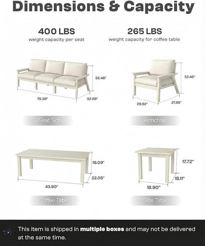 Patio Kingdom Patio Furniture Set 3 Seats, HDPE Outdoor Sectional with Washable Beige Thick Cushions, Coffee Table & Side Table, Patio Conversation Sets for Lawn, Garden, Porch, Balcony (White Frame)