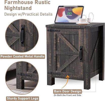 OKD Farmhouse Nightstand Set of 2, 18 Inch Rustic End Table with Charging Station, Barn Door, Adjustable Storage Shelf, Wood Sofa Side Table for Living Room, Bedroom, Dark Rustic Oak