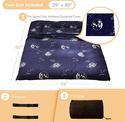 Navy Space Adventure Japanese Floor Futon Mattress, Thicken Tatami Mat Sleeping Pad Foldable Bed Roll Up Mattress Floor Lounger Bed Couches and Sofas for Kids Twin Size