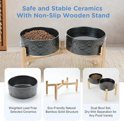 SPUNKYJUNKY Elevated Dog Bowls Ceramic, 7.3'' Dogs Food Water Bowls Raised with Non-Slip Bamboo Stand for Medium to Large Sized Breed Microwave Dishwasher Safe - 42 OZ,Paw Black