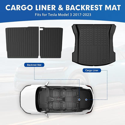 Mixsuper Cargo Liner for Tesla Model 3 2017-2023, All Weather Trunk Mat Backrest Mat TPE Back Seat Cover Protector for Model3 Accessories
