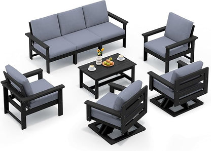 SERWALL HDPE Outdoor Patio Furniture Set, 8-Piece Outdoor Sectional Sofa with 2 Swivel Sofas with Thick Cushions for Deck, Black Frame with Gray Cushions