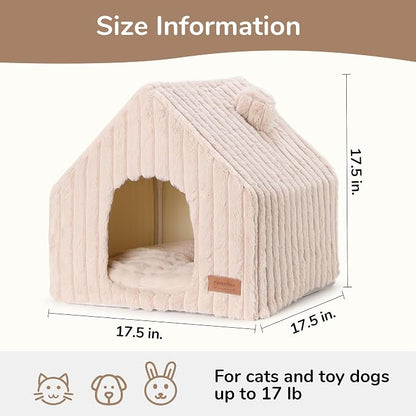 FUKUMARU Cat Bed Cave, Enclosed Washable Covered Dog Bed with Support Frame | Large Cat House for Indoor Cats, Cozy Cat Hideaway for Anxious Cats, Soft Plush Faux Fur Cat Tent Bed, Non-Slip Bottom