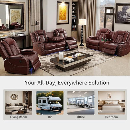 Toseslo Living Room Furniture Sets with LED Light, Power Recliner Sofa Set, Brown Leather Sectional Sofa and Loveseat Set, Modern Power Reclining Sets with Storage Console/Cup Holder for Living Room
