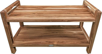 EcoDecors Eleganto 34 Inch Natural Color Waterproof Teak Wood Shower Bench Stool Seat Chair For Inside Shower Provides Safety, Storage, and Organization For Bathroom Accessories