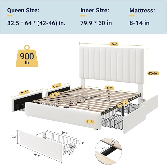 Allewie Queen Size Storage Bed Frame, Vertical Channel Tufted Adjustable Headboard, Velvet Upholstered Platform Bed with 4 Oversized Underbed Drawers, Wooden Slats Support, No Box Spring Needed, White