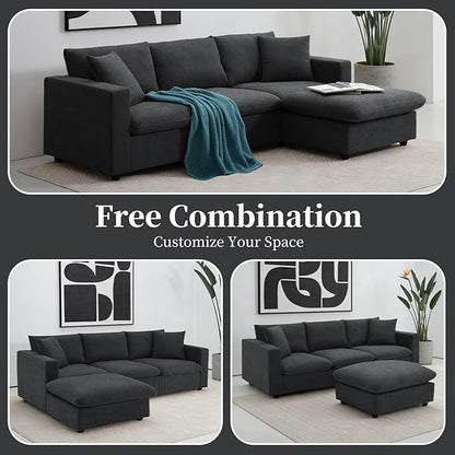 KIVENJAJA Black Cloud Couch for Living Room Apartment Small Spaces, Linen L Shaped Modular Sectional Sofa with Convertible Ottoman Chaise, Modern Minimalist, Metal Frame, 100.4" W 3 Seater