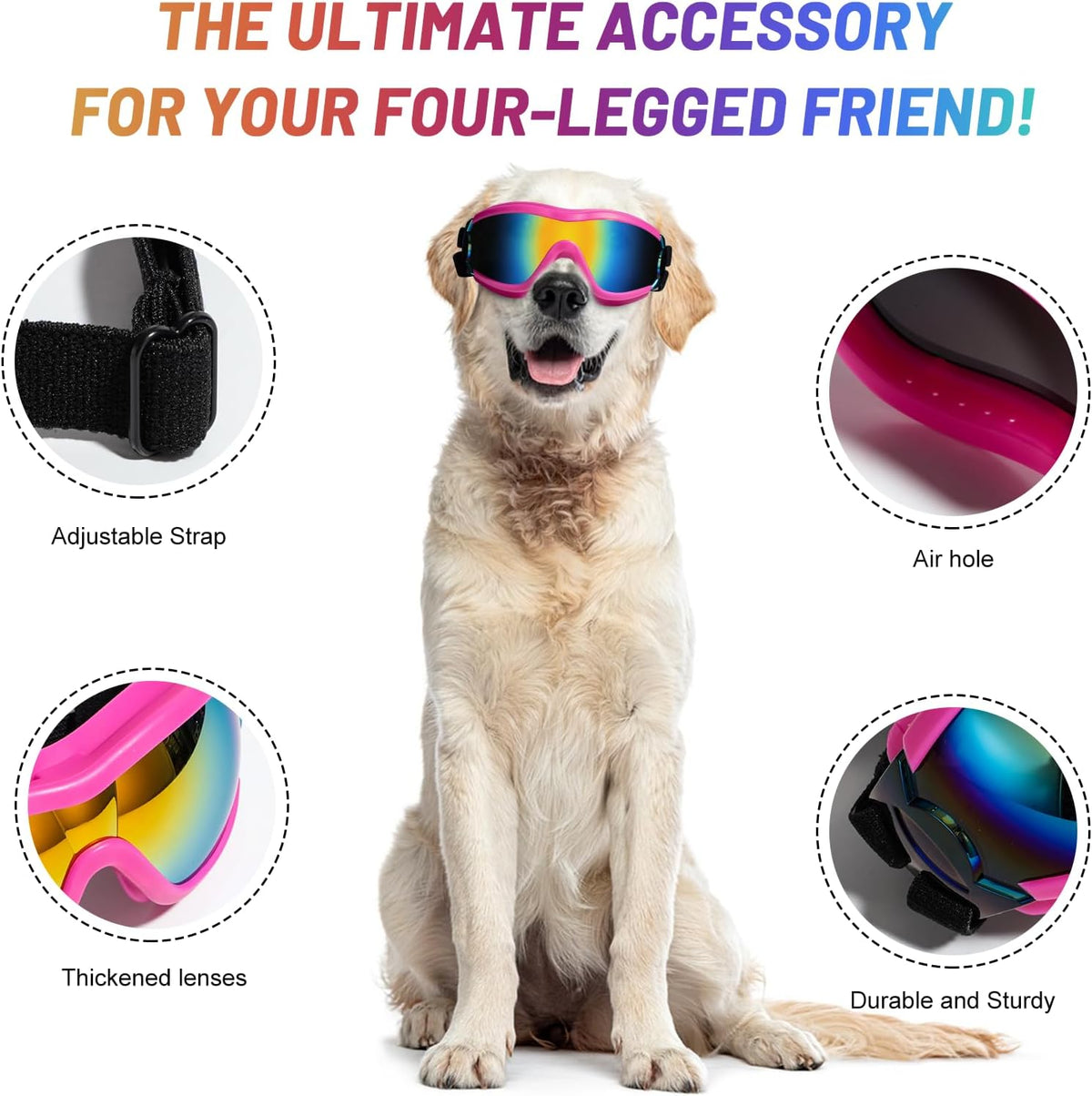NVTED Dog Sunglasses Goggles, UV Wind Dust Fog Protection Pet Glasses Eye Wear Protection with Adjustable Strap for Medium or Large Dog (Pink)