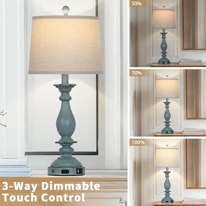 28" Tall Coastal Table Lamps for Living Room Set of 2, Farmhouse Rustic Blue Bedside Touch Lamp with USB C+A Ports & Outlet, 3-Way Dimmable Resin Nightstand Lamps for Bedroom Side End Table